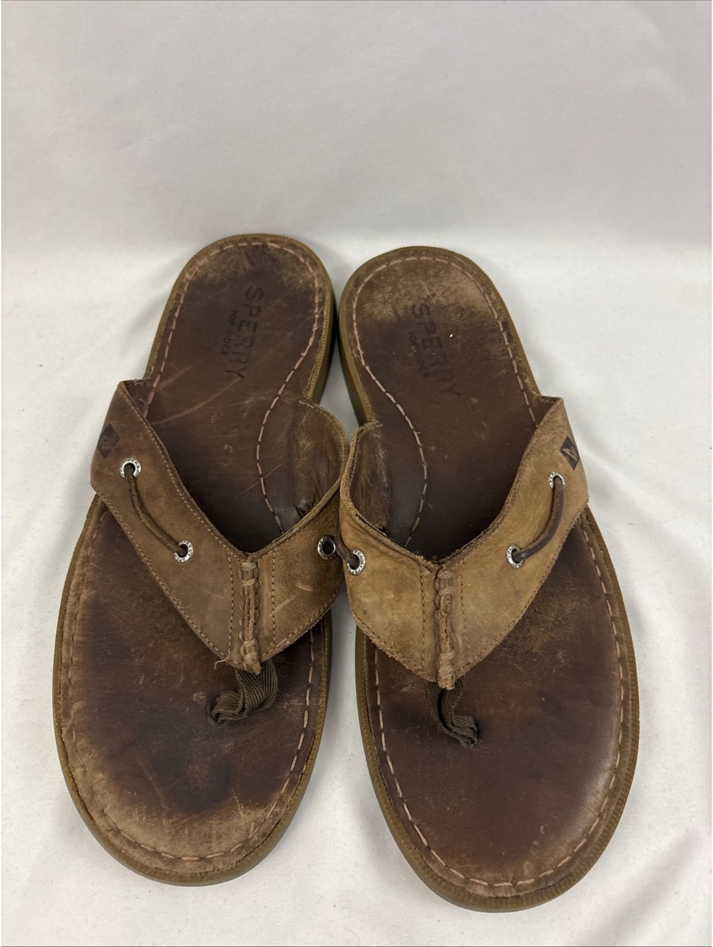 Sperry Top Sider Logo Brown Leather Casual Flip Flop Sandals Shoes Mens 12.5 - Picture 1 of 9